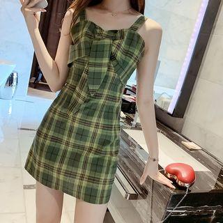 Bow-accent Plaid Sleeveless Sheath Dress