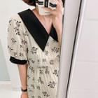Contrast-collar Crinkled Long Floral Dress Beige - One Size
