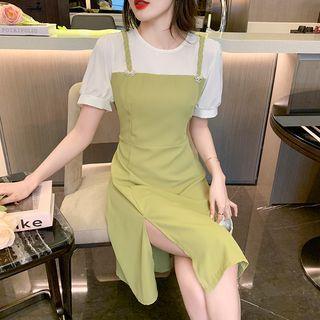 Short-sleeve Mock Two-piece Side-slit A-line Dress