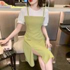 Short-sleeve Mock Two-piece Side-slit A-line Dress