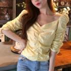 Elbow-sleeve Plaid Blouse Plaid - Yellow - One Size