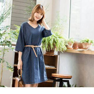Elbow Sleeve V-neck Denim Dress