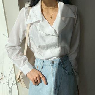 Wide-collar Double-breasted Satin Blouse