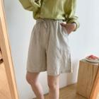 Plain Drawstring-waist Linen Straight-cut Shorts