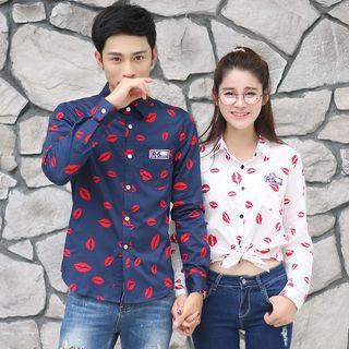 Couple Matching Lips Print Long-sleeve Shirt