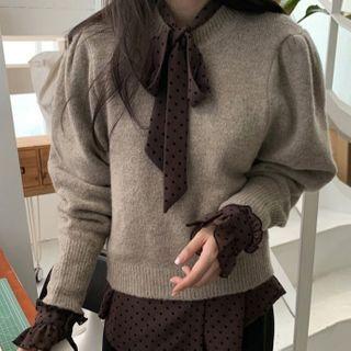 Long-sleeve Dot Neckerchief Blouse / Plain Sweater