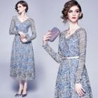 Floral Embroidered Long-sleeve V-neck Midi A-line Dress