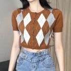 Short-sleeve Argyle Button-up Cropped Knit Top