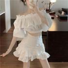 Ruffle Trim Off-shoulder Crop Top / Mini Skirt