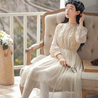 Long-sleeve Mesh Overlay Midi A-line Lace Dress