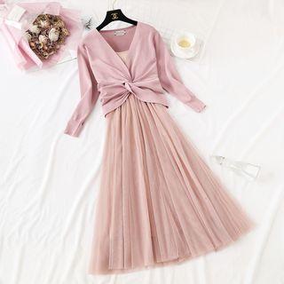 Set: V-neck Long-sleeve Knit Top + Mesh Slipdress