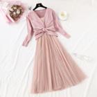 Set: V-neck Long-sleeve Knit Top + Mesh Slipdress