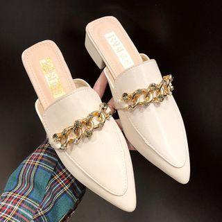 Chain Pointy-toe Block Heel Mules