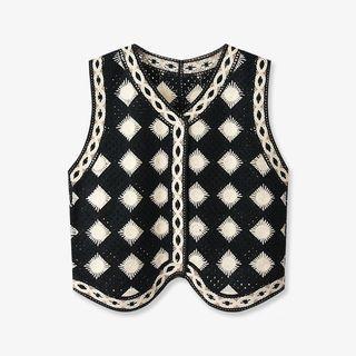 Argyle Single-breasted Crochet Vest Black & White - One Size
