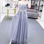 Flower Applique 3/4-sleeve A-line Evening Gown