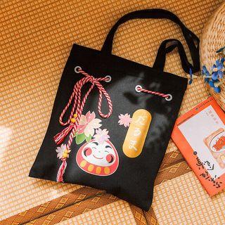 Rope Strap Printed Tote Bag Black - Vertical - M
