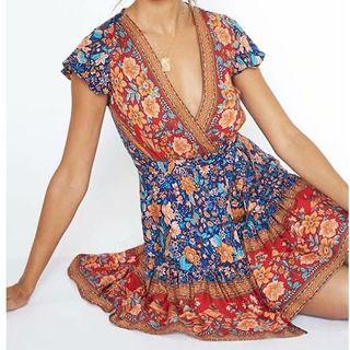 Cap-sleeve Deep V-neck Floral Print A-line Dress