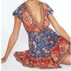 Cap-sleeve Deep V-neck Floral Print A-line Dress