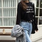 Crew-neck Letter-print Knit Top Black - One Size