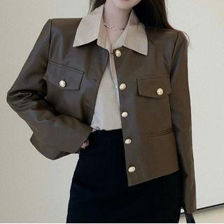 Plain Shirt / Faux Leather Single-breasted Blazer / Mini Pencil Skirt