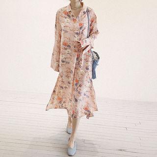 Half-placket Floral-pattern Midi Dress