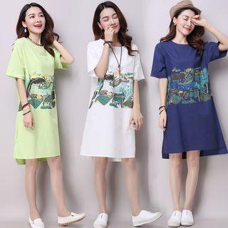 Printed Short-sleeve Linen Cotton Dress