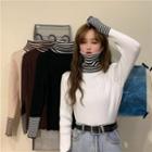 Striped Panel Turtleneck Rib Knit Top