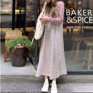 Long-sleeve Plain T-shirt / Floral Midi Spaghetti Strap Dress