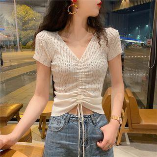 Short-sleeve Rhinestone Drawstring Knit Top