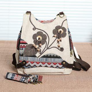 Flower Applique Cotton Blend Backpack Khaki - One Size