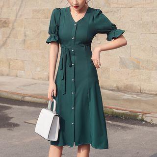 Short-sleeve Single-breasted Tie-waist A-line Dress