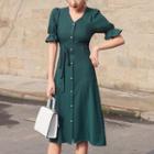 Short-sleeve Single-breasted Tie-waist A-line Dress
