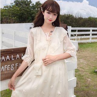 Flounced Elbow-sleeve Chiffon Dress Almond - One Size