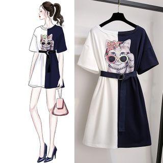 Two Tone Cat Print Short Sleeve T-shirt Dress