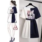 Two Tone Cat Print Short Sleeve T-shirt Dress