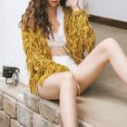 Long-sleeve Fringed Knit Top As Shown In Figure - One Size