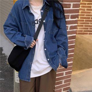 Long-sleeve Wide Denim Shirt Jacket Blue - One Size