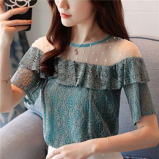 Short-sleeve Mesh Yoke Lace Top