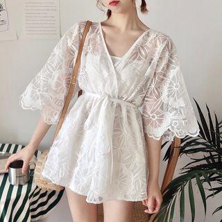 Set: Lace Elbow-sleeve Playsuit + Bandeau