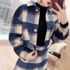 Set: Plaid Button Jacket + A-line Skirt + Knit Top
