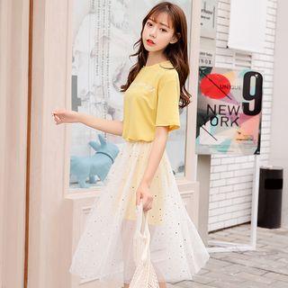 Set: Lettering Short-sleeve T-shirt Dress + Midi Mesh Skirt