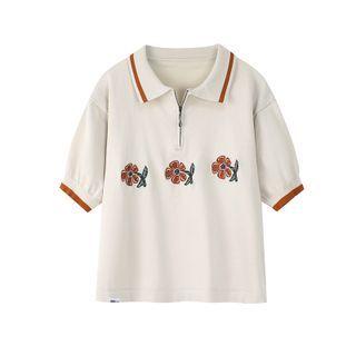 Short-sleeve Floral Half-zip Top