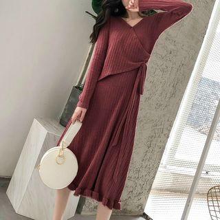 V-neck Knitted Long-sleeve A-line Dress