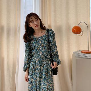Square-neck Shirtwaist Maxi Floral Dress