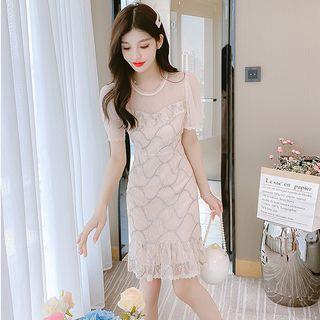 Short-sleeve Lace Trim Mesh Mini Sheath Dress