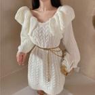 Ruffled Cable Knit Mini Sweater Dress / Chain Belt
