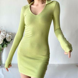 Long-sleeve Collared Knit Mini Bodycon Dress