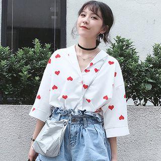 Heart Print Elbow-sleeve Shirt