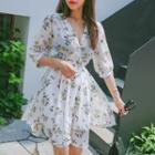 Wrap-front Floral Chiffon Flare Dress