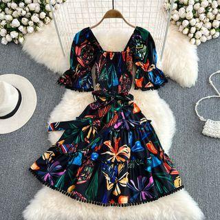 Short Sleeve Printed A-line Dress